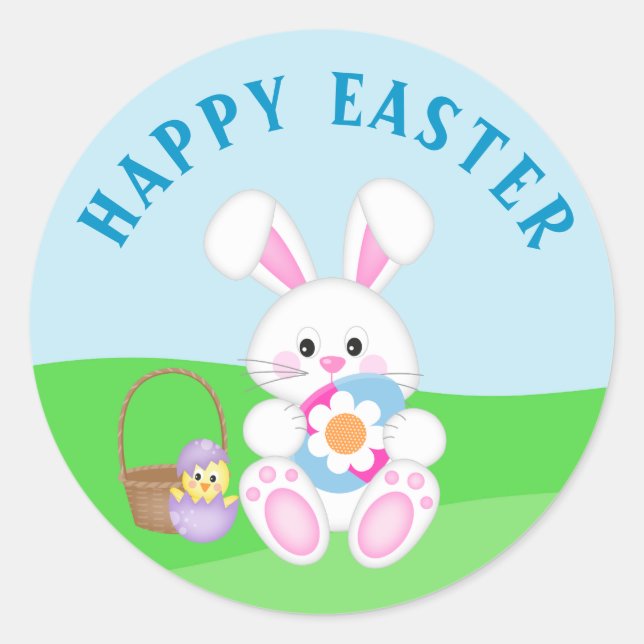 Cute Happy Easter Bunny Easter Eggs Classic Round Sticker (Front)