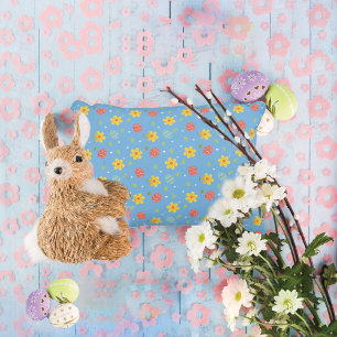 Cute Happy Easter Bunny Eggs Floral Blue Decorative Cushion