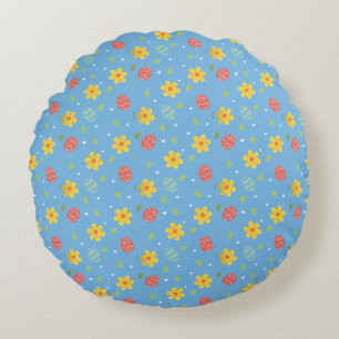 Cute Happy Easter Bunny Eggs Floral Blue Round Cushion