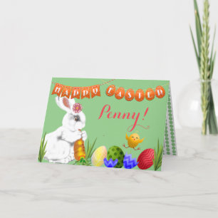 Cute Happy Easter Bunny Green Child Kid's Custom Holiday Card