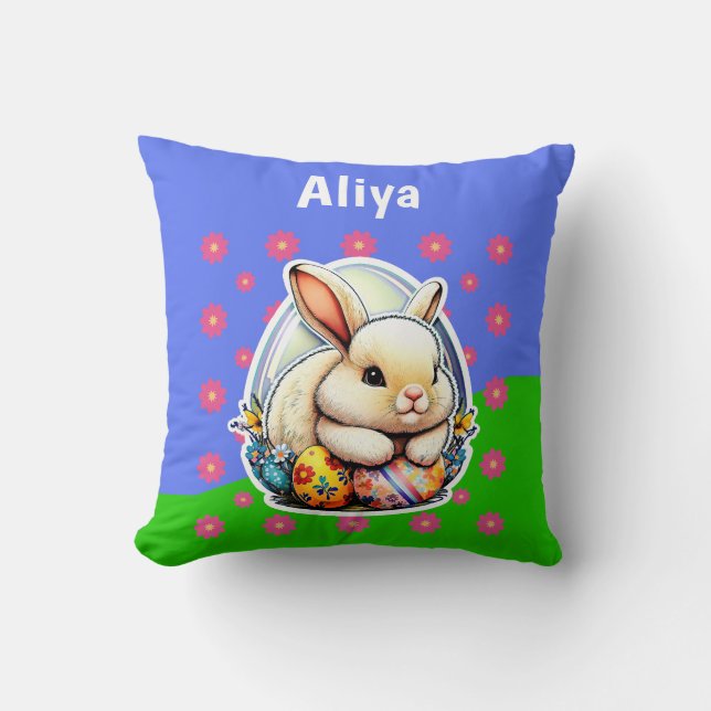 Cute Happy Easter Bunny Pink Flower Pattern Cushion (Front)