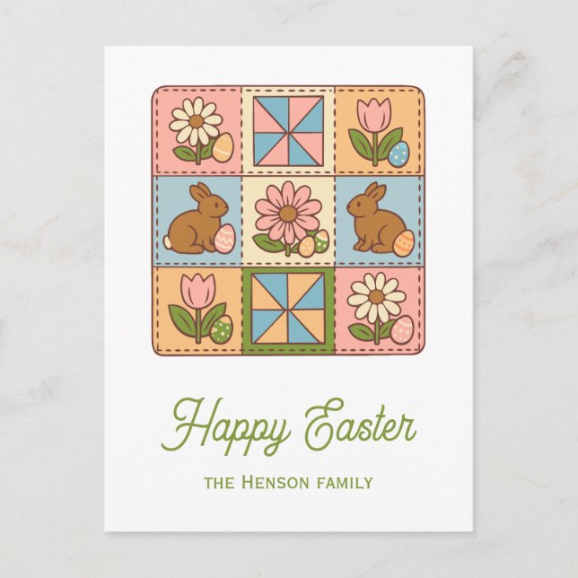 Cute Happy Easter Bunny Quilt Pattern  Postcard (Front)