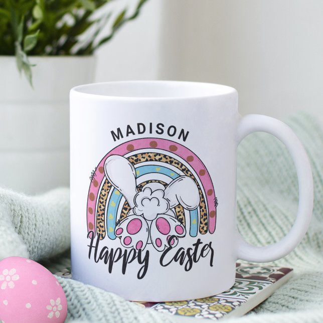 Cute Happy Easter Bunny Rabbit Rainbow Add Name Coffee Mug (Creator Uploaded)