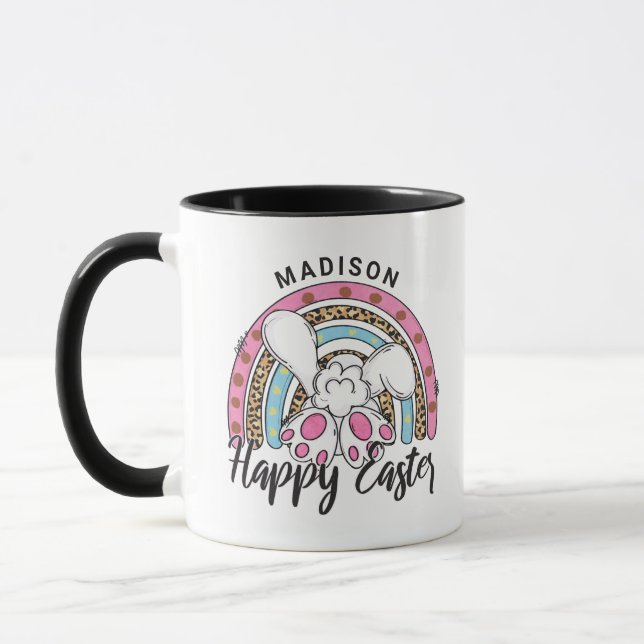 Cute Happy Easter Bunny Rabbit Rainbow Add Name Mug (Left)