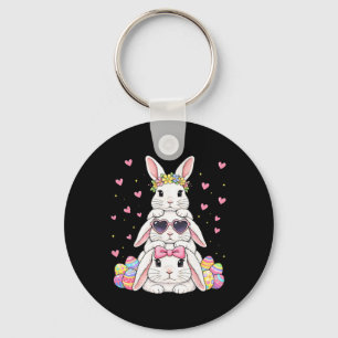 Cute Happy Easter Bunny Stack Floral Easter Eggs G Key Ring