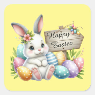 Cute Happy Easter bunny watercolor  Square Sticker