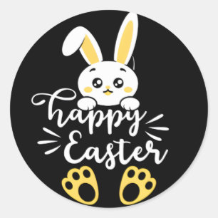 Cute Happy Easter Bunny with Yellow Paw Prints Classic Round Sticker
