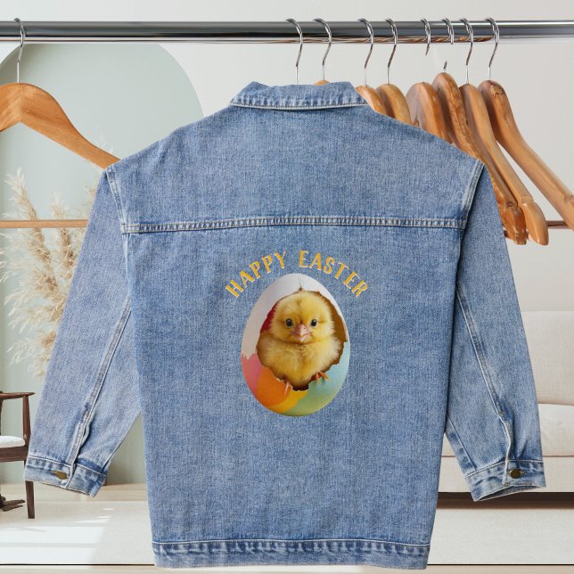 Cute Happy Easter Chick Hatching Colourful Egg Denim Jacket (A denim jacket with Happy Easter words and cute fluffy chick hatching out of a colourful egg)