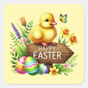 Cute Happy Easter chick Square Sticker