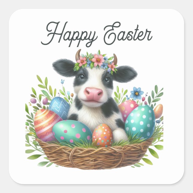 Cute Happy Easter cow add text watercolor Square Sticker (Front)