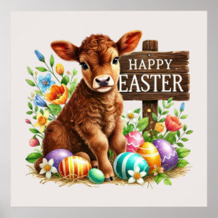 Cute Happy Easter cow  party Poster