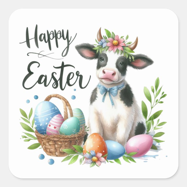 Cute Happy Easter cow watercolor  Square Sticker (Front)