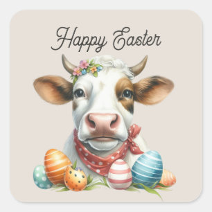 Cute Happy Easter cow watercolor  Square Sticker