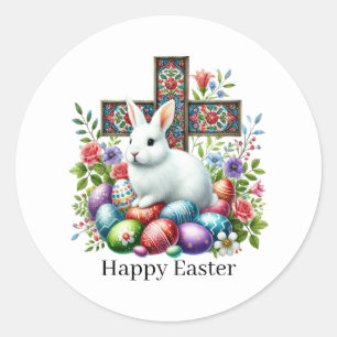 Cute Happy Easter Cross Classic Round Sticker