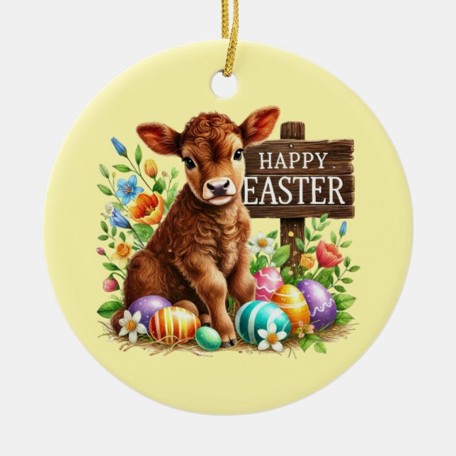 Cute Happy Easter customisable cow Ceramic Tree Decoration (Front)