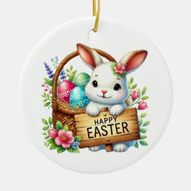 Cute Happy Easter customizable  Ceramic Tree Decoration (Front)
