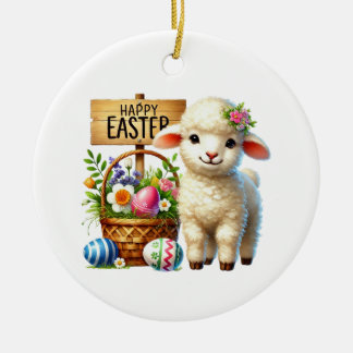 Cute Happy Easter customizable lamb Ceramic Tree Decoration