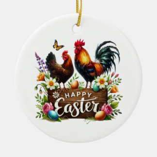 Cute Happy Easter customizable Rooster Ceramic Tree Decoration