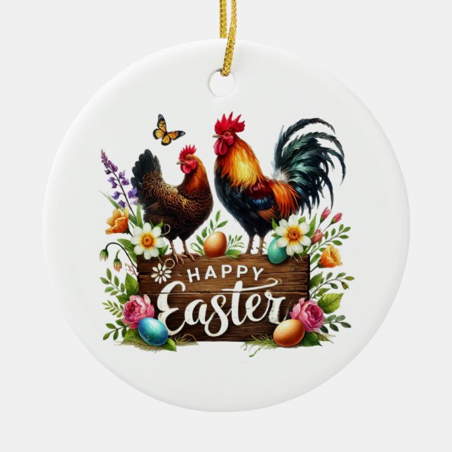 Cute Happy Easter customizable Rooster Ceramic Tree Decoration (Front)