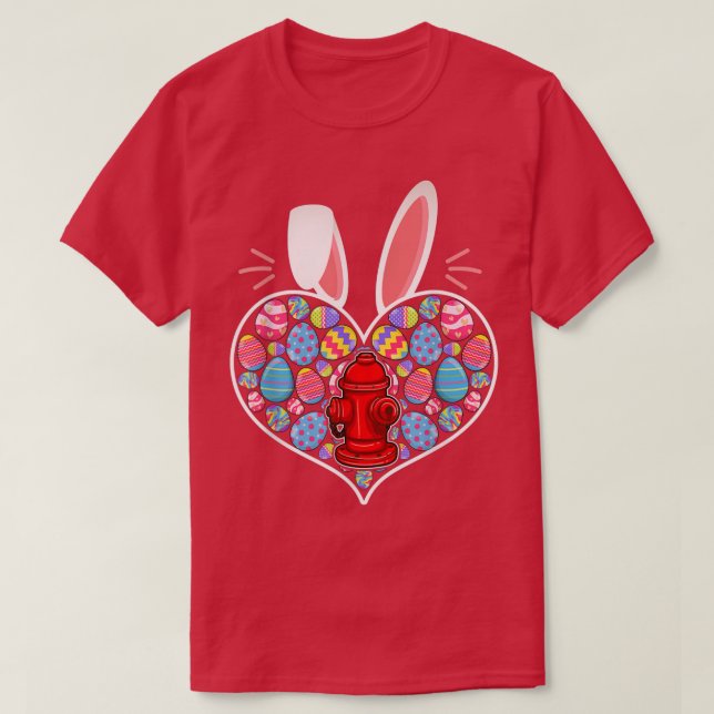 Cute Happy Easter Day Heart Bunny Firefighter Eggs T-Shirt (Design Front)