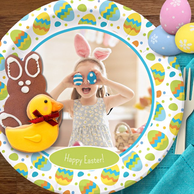 Cute Happy Easter Egg Pattern with Photo Party Paper Plate (Creator Uploaded)
