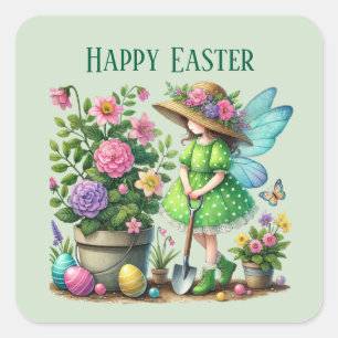Cute Happy Easter fairy add message Square Sticker