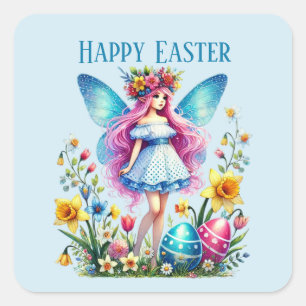 Cute Happy Easter fairy add message Square Sticker