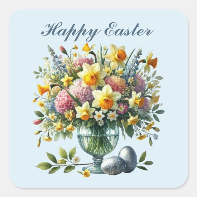 Cute Happy Easter flowers  Square Sticker (Front)