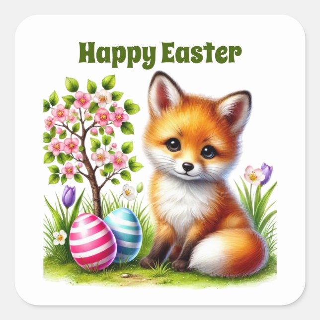 Cute happy Easter fox bunny Square Sticker (Front)