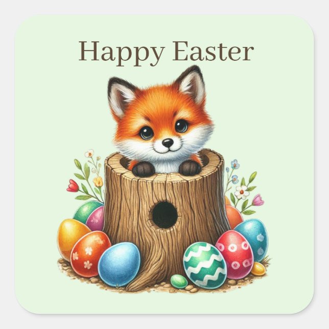 Cute Happy Easter fox Square Sticker  (Front)