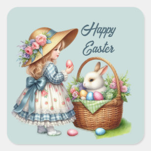 Cute happy Easter girl add text Square Square Sticker