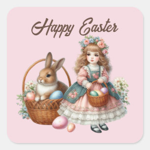 Cute happy Easter girl add text Square Sticker