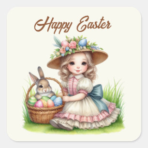 Cute happy Easter girl add text Square Sticker