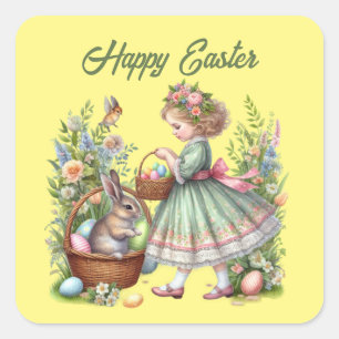 Cute happy Easter girl add text  Square Sticker