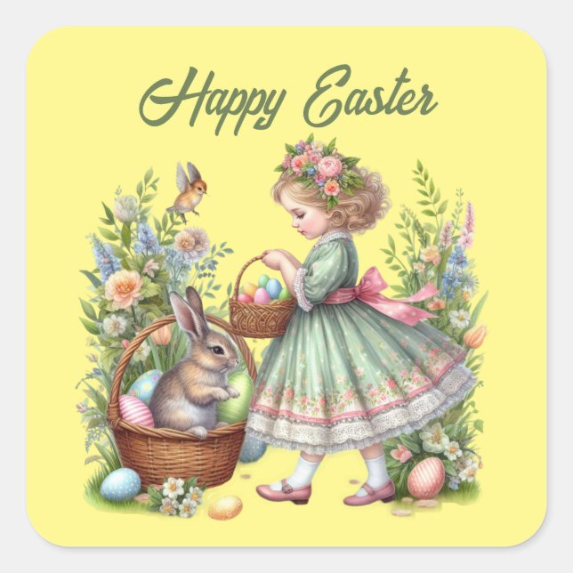 Cute happy Easter girl add text  Square Sticker (Front)