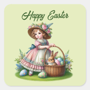 Cute happy Easter girl add text  Square Sticker