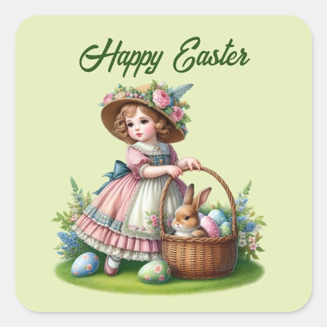 Cute happy Easter girl add text  Square Sticker (Front)