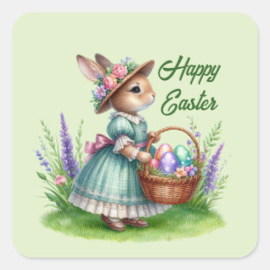 Cute happy Easter girl bunny add text  Square Sticker