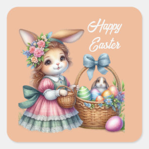 Cute happy Easter girl bunny add text  Square Sticker
