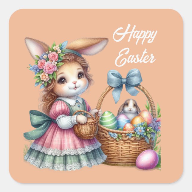 Cute happy Easter girl bunny add text  Square Sticker (Front)