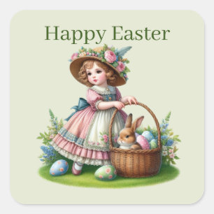 Cute Happy Easter girl Square Sticker