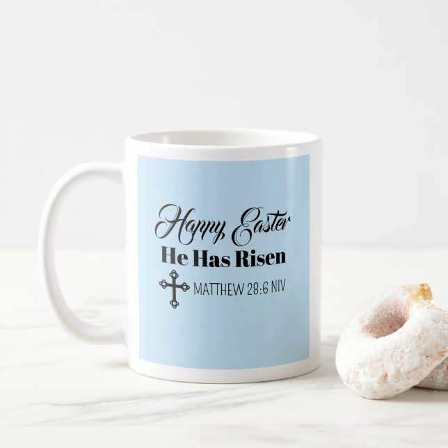 Cute Happy Easter He Has Risen Bible Verse Blue Coffee Mug (With Donut)