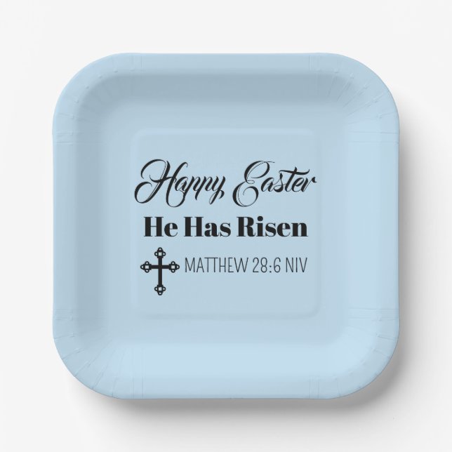 Cute Happy Easter He Has Risen Bible Verse Blue Paper Plate (Front)