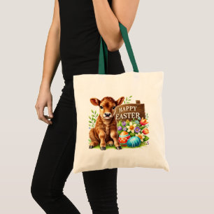 Cute Happy Easter Holiday cow Tote Bag