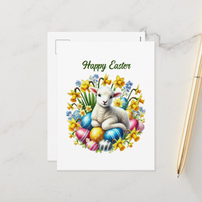 Cute Happy Easter lamb Holiday Postcard (Front/Back In Situ)