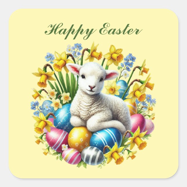 Cute Happy Easter lamb Square Sticker (Front)