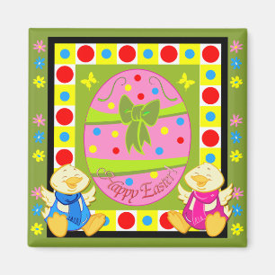 Cute Happy Easter magnet with egg and chickens