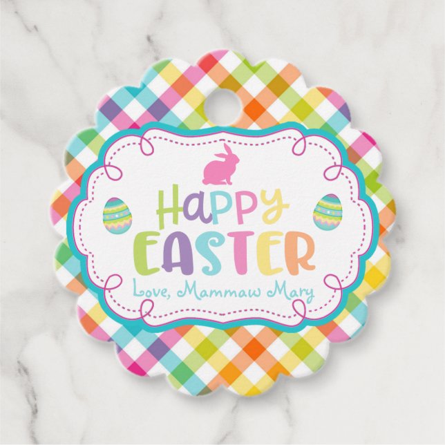 Cute Happy Easter Personalised Plaid Favour Tag (Front)