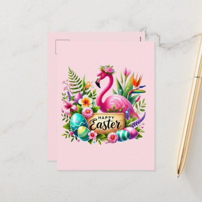 Cute Happy Easter pink flamingo add message  Holiday Postcard (Front/Back In Situ)