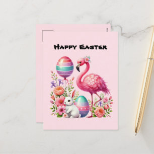 Cute Happy Easter pink flamingo add message  Holiday Postcard